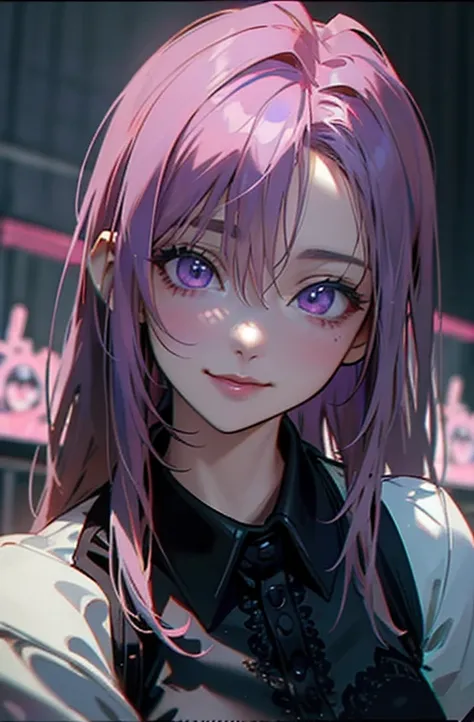 ((masterpiece:1.2)).8k.、sexy、Center of chest、Rize from Chainsaw Man、Beauty、Yandere、、Face close-up、Kiss with your eyes closed、Chest tattoo、Christian Dior Necklace、(The background is white)、(Waitress)、((Pink Hair)).((look up)).((View your audience)).((Pink B...