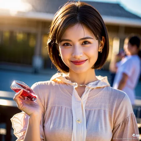 (Realistic, 超Realistic:1.4), 16K HDR, High resolution,((Wine Glasses)),(Wine bottle),((Champagne glasses)),Happy smile、short hair,The best smile、Japanese actress,so beautiful(It looks like the real thing),dress、red wine、White Wine、Sparkling wine、Slim coupl...