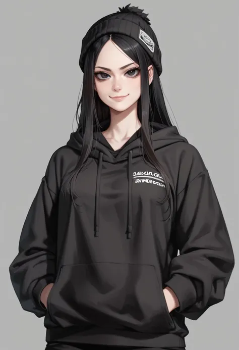 cartoon of a girl, closed mouth, smirk, big eyes, black eyes, looking at viewer, black hair, long hair, baggy hoodie, black blan...