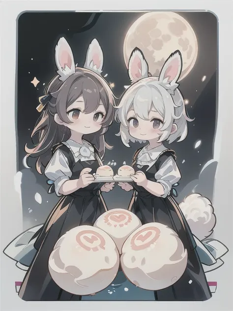 two smiling rabbits eating a typical mochi, pounding rice cakes in the moonlight, a big moon filling the screen