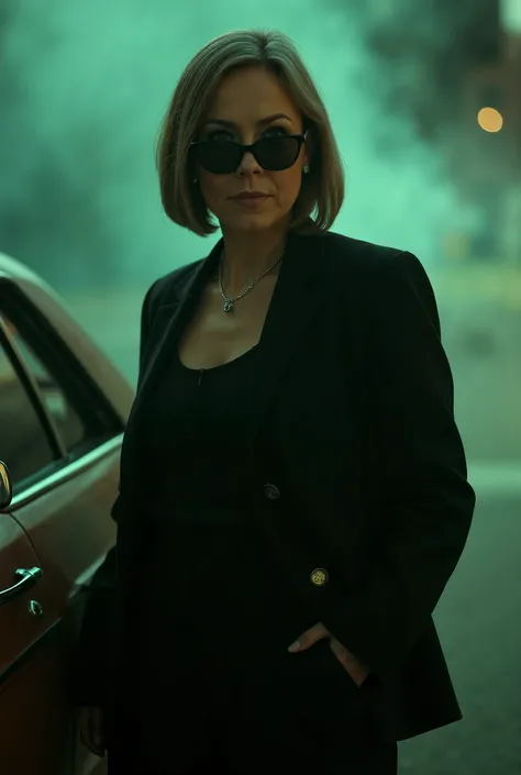 cinematography, realistic, retro, film grain, smoke, dark, green theme, solo, a middle age woman in black suit and black sunglasses, stern expression, hand in pocket, she leaning against a car, blurry, bokeh