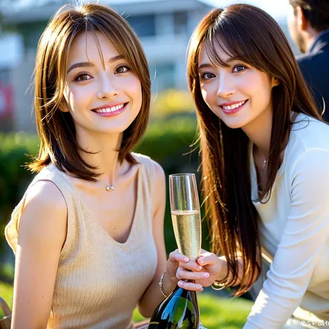 ((Wine Glasses)),(Wine bottle),((Champagne glasses)),Happy smile、short hair,The best smile、Japanese actress,so beautiful(It looks like the real thing),dress、red wine、White Wine、Sparkling wine、Slim couple、Model Couple、(Realistic, Intricate details:1.2), Ama...