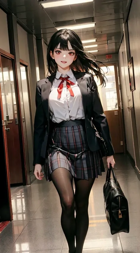 background, indoors, (school, girl is walking down a hallway, holding her student bag in front of her with both hands, student bag, holding school bag), from below, BREAK 
{((1 cute anime girl, solo, hmjy1, Jabami Yumeko (Kakegurui))), glossy red lips, tee...