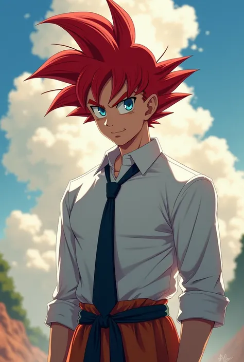 goku with red hair wearing a white long sleeve shirt and tie Masterpiece,  with blue eyes ,  Impressionism, dbs anime style 