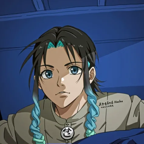 An anime boy with long black hair, cyan colored highlights on the ends of the hair, with bangs, wearing a loose black uniform with wide sleeves, and a decorative button on the garment, Written:"hashira", with dull blue eyes and an expressionless face.