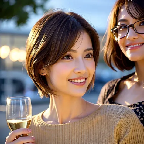 ((Wine Glasses)),(Wine bottle),((Champagne glasses)),Happy smile、short hair,The best smile、Japanese actress,so beautiful(It looks like the real thing),dress、red wine、White Wine、Sparkling wine、Slim couple、Model Couple、(Realistic, Intricate details:1.2), Ama...