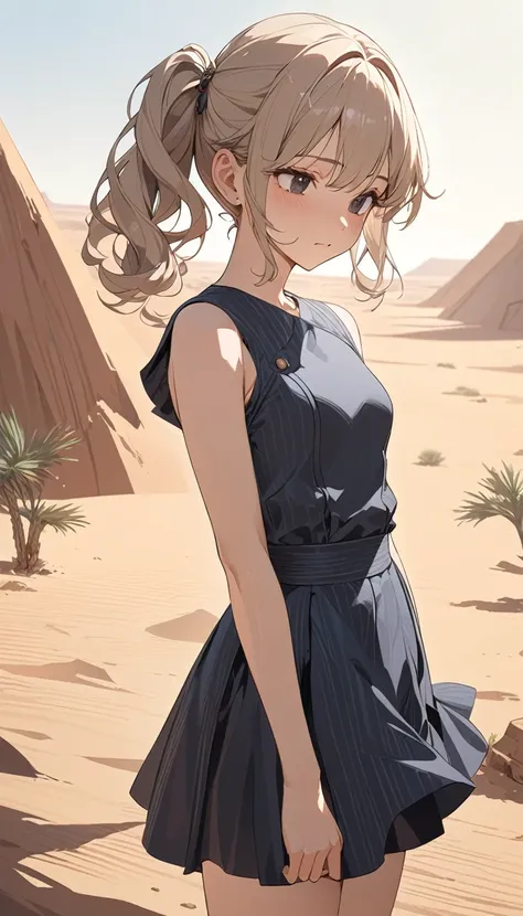 masterpiece, Best Quality, High resolution, Super detailed, Anime Style,  Fantasy, Deserted Desert, noon, One Girl, solo, Cowboy Shot,  Cute face, Small breasts, Beige short wavy hair, Side Ponytail, break, Dark Eyes, break, Tailored Fit Dress, Sandals, Fl...