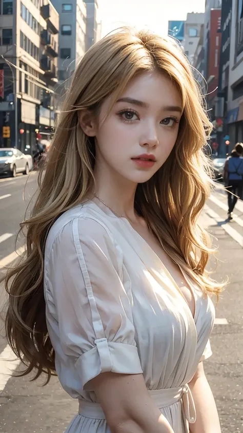 Beautiful girls in the city，Prototype，Light makeup，Red lipstick，Blonde hair，Long, messy hair，Road Background，Beauty，Elegance。Exquisite details，Master&#39;s work，Real surface，Cinematic realism of lighting，Perfect job，8k，KHD，A delicate face，Tight white turtl...