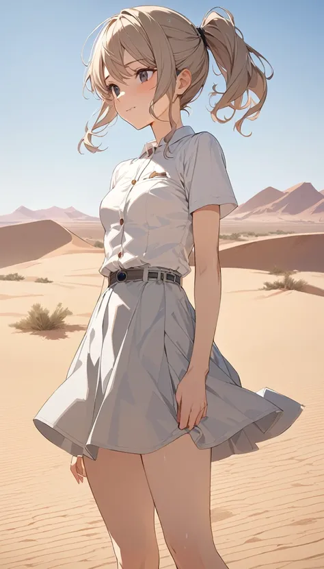 masterpiece, Best Quality, High resolution, Super detailed, Anime Style,  Fantasy, Deserted Desert, noon, One Girl, solo, Cowboy Shot,  Cute face, Small breasts, Beige short wavy hair, Side Ponytail, break, Dark Eyes, break, Tailored Fit Dress, Sandals, Fl...