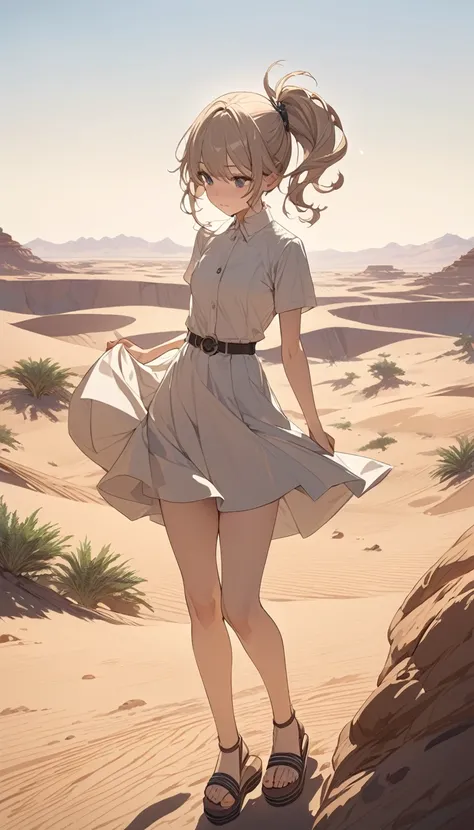 masterpiece, Best Quality, High resolution, Super detailed, Anime Style,  Fantasy, Deserted Desert, noon, One Girl, solo, Cowboy Shot,  Cute face, Small breasts, Beige short wavy hair, Side Ponytail, break, Dark Eyes, break, Tailored Fit Dress, Sandals, Fl...