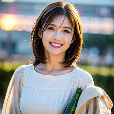 (Realistic, 超Realistic:1.4), 16K HDR, High resolution,((Wine Glasses)),(Wine bottle),((Champagne glasses)),Happy smile、short hair,The best smile、Japanese actress,so beautiful(It looks like the real thing),dress、red wine、White Wine、Sparkling wine、Slim coupl...