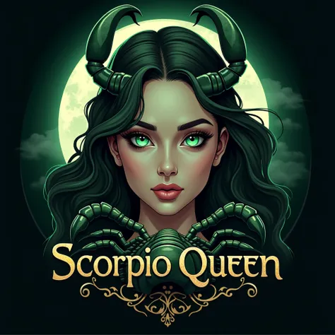 LOGO full moon beautiful woman bright green eyes a scorpion and says scorpio queen 