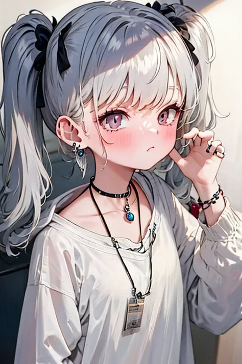 , Colossal, Twin tails, Silver Hair, hoodie, Vintage Gothic, Pose, cute, Look up, High image quality, necklace, ring, bracelet, Earrings