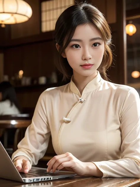 A beautiful Japanese woman working on a laptop in a cafe terrace, drinking a cafe au lait, retro-style cafe interior, detailed face, beautiful eyes, detailed hair, intricate cafe, warm lighting, cozy atmosphere, photorealistic, 8k, masterpiece, extremely d...