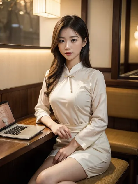 a beautiful japanese woman working on a laptop in a cafe terrace, drinking a cafe au lait, retro-style cafe interior, detailed f...