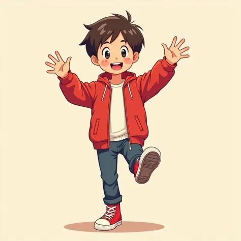 2D anime style of a with Down syndrome in red jacket lifting his foot as greeting, red Converse.