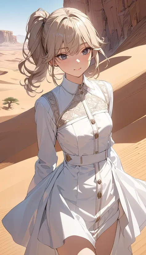 masterpiece, Best Quality, High resolution, Super detailed, Anime Style,  Fantasy, Deserted Desert, noon, One Girl, solo, Cowboy Shot,  Cute face, Small breasts, Beige short wavy hair, Side Ponytail, break, Dark Eyes, break, Tailored fit, dress, Outdoor, 