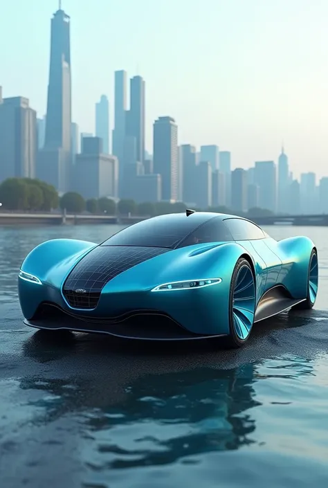 A sleek, futuristic car, elegantly curved into the silhouette of a majestic sea turtle. The vehicles glossy, cerulean blue exterior reflects the vibrant hues of a sunlit ocean, while its streamlined shell serves as a panoramic windshield, offering an unobs...