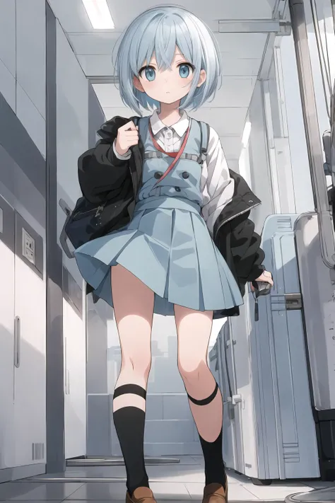 ((Best Quality)),Anime Style,girl,Light blue hair,Short Hair,mini skirt