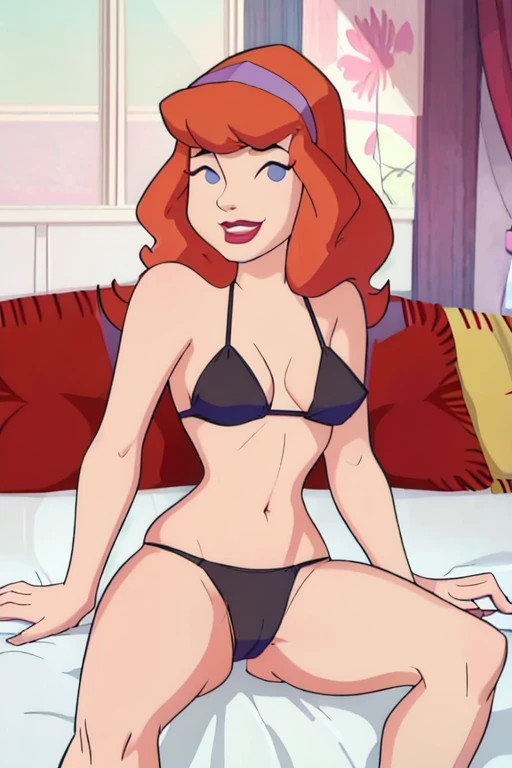 masterpiece, best quality, 1 , Daphne Blake (Scooby Doo), red hair, smile, makeup,red lipstick, (Black thong bikini:1.0),black bikini,sitting on the bed with her legs open,Your thighs are thick,her large breasts,seu smile é sensual, cartoon style,vivid col...