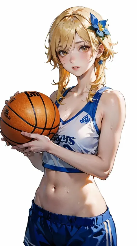 a cartoon female sports player with blond hair holding a basketball. topless pic, 1girl, basketball, lumine (genshin impact), breasts, blonde hair, solo, short hair with long locks, shorts, sweat, navel, cleavage, basketball uniform, sportswear, white back...