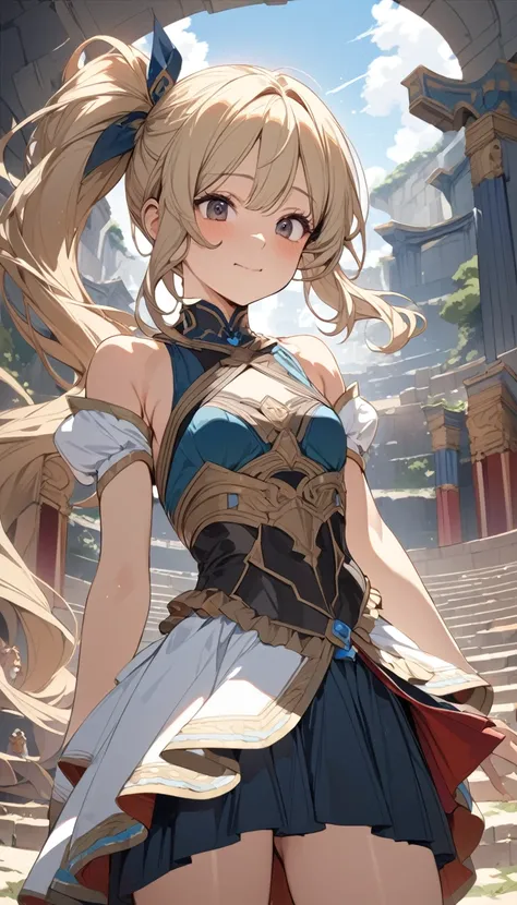 masterpiece, Best Quality, High resolution, Super detailed, Anime Style,  Fantasy, Ancient theater , One Girl, solo, Cowboy Shot,  Cute face, Small breasts, Short wavy blonde hair, Side Ponytail, break, Dark Eyes, break, Layered Dress, 