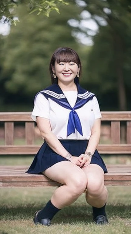 japanese mature,(65 years old:1.2),white skin,(chubby body,large breasts,emphasizes plump thighs:1.5),(earrings,sailor uniform,u...