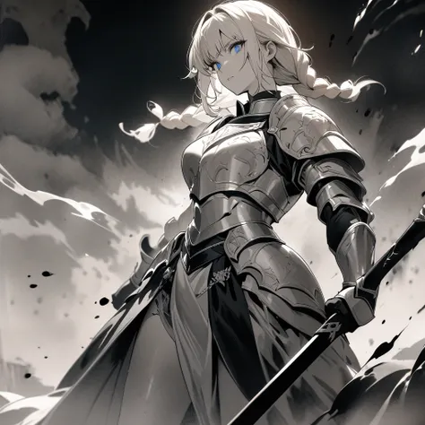 Top quality, masterpiece, high resolution, 8k, ink painting, monochrome, gekiga style, female knight, Long blonde braids, blue eyes, wearing white armor, holding a large sword