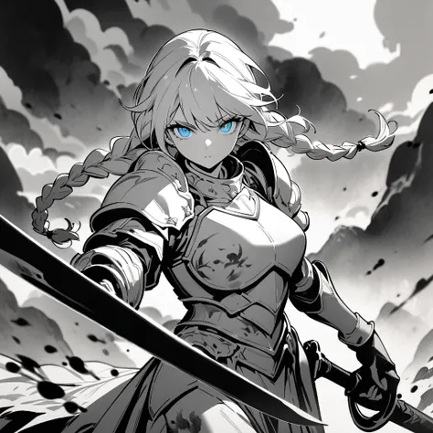 Top quality, masterpiece, high resolution, 8k, ink painting, monochrome, gekiga style, female knight, Long blonde braids, blue eyes, wearing white armor, holding a large sword