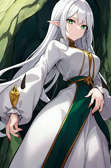 a woman, quite high , has white hair and green eyes , long and pointed ears , wear a white long sleeve shirt , In a cave 