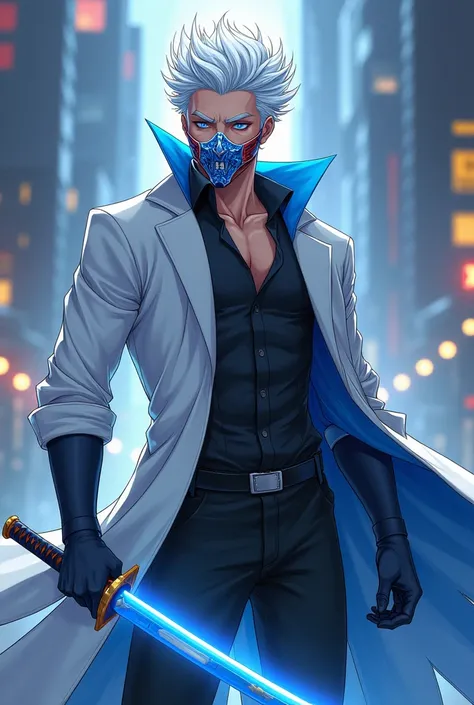 White hair and blue eye anime super hero man who have a magical katana.white long coet with blue linening. Ultra cool look.so handsome. Ready to fight with everything. Wears a cool blue,red and white mask.ues a blue magical katana.age a collage boy