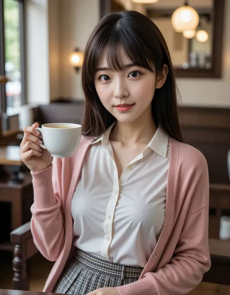 One Girl, Alone, Japanese women, Age 19, (Black Hair), (holding a coffee cup in one hand), sexy, smile, Very beautiful girl, (Super cute idol-like face, cute), Big eyes with double eyelids, Slightly longer bob hair, bangs, (pink wool cardigan, White blouse...