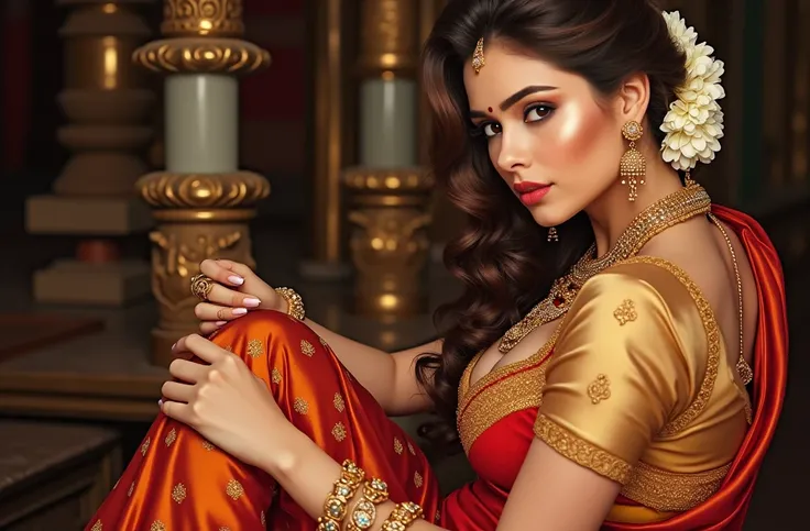 Woman covered in gold jewelry from head to toe sexy Indian girl 30 young girl Indian women big breast size leg big size Pimple on the forehead real women realistic background Indian tampul saree multi colored colors curvy waist big breast level belly eroti...