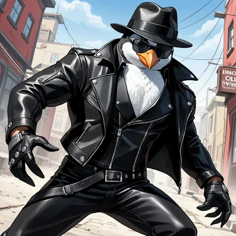 Closeup, Anime art style, An extremely badass penguin wearing an insanely cool black leather biker jacket open, black fedora, black leather waistcoat, black leather biker gloves, black leather biker pants, black sunglasses, dynamic pose, award winning work...