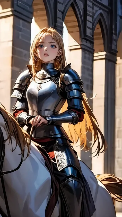 Highly decorated white medieval armor　Inside the medieval castle　Masterpiece　Best Quality　Beautiful long blonde hair　Ride a noble horse　Grim expression　