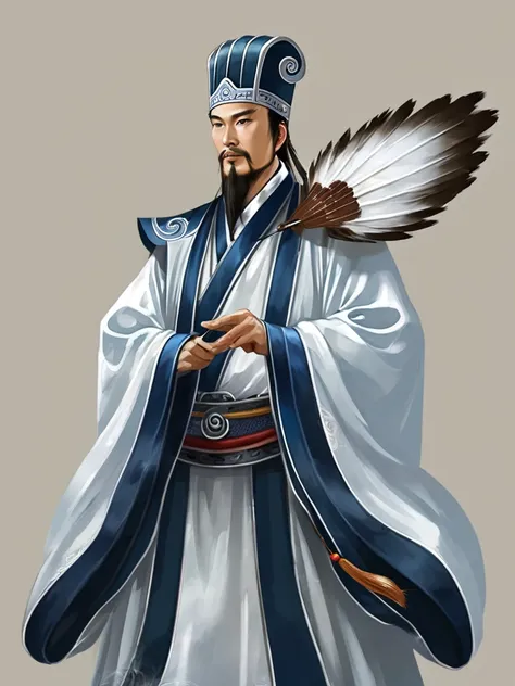 digital illustration, ancient chinese scholars, traditional costume, embroidered robe,  zhuge kongming,  , white and blue palett...