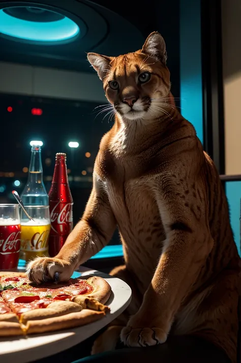 A close-up portrait of a cougar, futuristic sci-fi environment, the cat is eating a pizza and drinking Coca-Cola, cinematic composition, vibrant colors, hyper-detailed, photorealistic, 8k, masterpiece