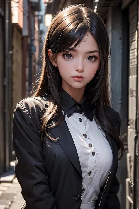 (Best Quality),Highly detailed,Super detailed,One girl, Baby Face, A girl living in the dark, (Dark atmosphere), (Dim lighting), (sexy), Back Alley, Menhera