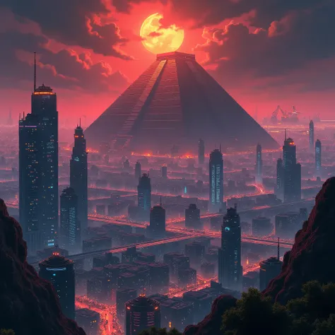 A step pyramid Aztec architecture with residential complexes towers over the colorful vibrant neon colored illuminated skyscrapers of a garish cyberpunk city with neon advertising, the pyramid is illuminated neon orange which creates a threatening atmosphe...