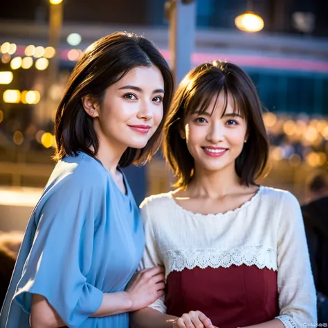 (Realistic, 超Realistic:1.4), 16K HDR, High resolution,((Wine Glasses)),(Wine bottle),((Champagne glasses)),Happy smile、short hair,The best smile、Japanese actress,so beautiful(It looks like the real thing),dress、red wine、White Wine、Sparkling wine、Slim coupl...