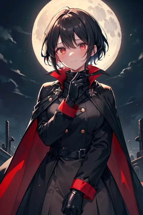 19th century riders clothing (modest black button-up suit (long sleeves), charred leather gloves, red cape with high collar), thin body (feminine), short black hair, bright orange eyes, shy smile, heavy blush, hands on lap (embarrassed), looking away, outs...