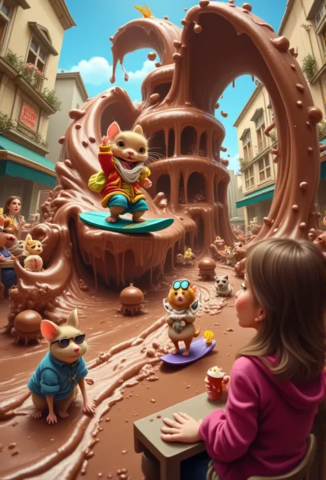 a little mouse boy in clothes surfs in a chocolate fountain, a river of chocolate overflowing from a chocolate fountain, a woman...