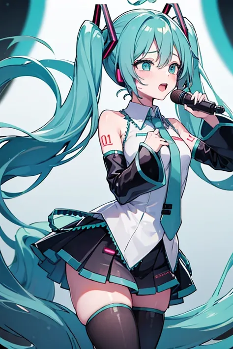 a bewitching hatsune miku singing happily on a colorful live stage