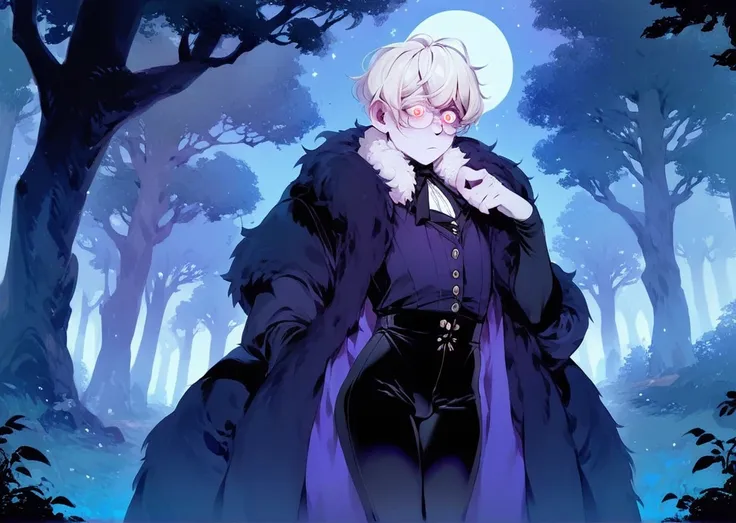 score_9, score_8_up, score_7_up, uncensored femboy, victorian clothes, black fur coat, fur collar, black shirt, embroidered purp...