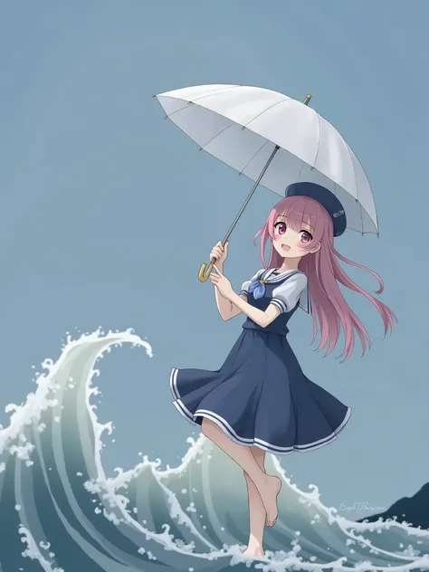 1girl, solo, long hair, blush, smile, purple eyes, pink hair, girl in a blue sailor dress and hat holding an umbrella standing on ocean wave (hair swept bangs:1.3), anime style, from girls frontline, fine details. girls frontline, girls frontline universe,...