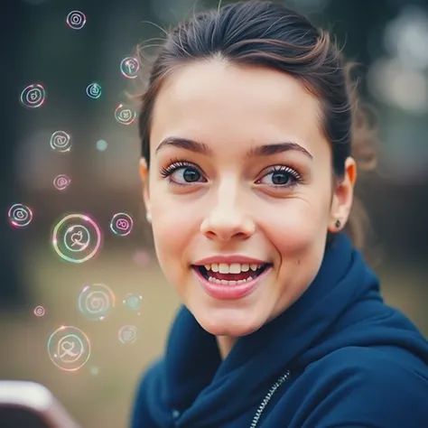 a woman holding a cell phone, she is smiling, there are several Instagram icons flying, with blurred effect. image in dark tones