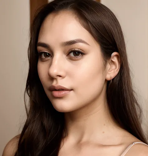 Woman&#39;s Face, very realistic, very beautiful, full lip, brown eyes, straight hair 