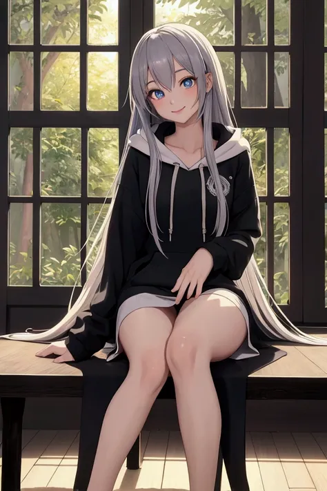 anime, best quality,  masterpiece  , HD,   study,  Window , forest at night , strum,  alone , anime girl,  very very very long hair bluesilver,  eyes blue/rot ,  sweet face,  smile sensually, index finger on lip,  sit on the table in the room , Legs open ,...