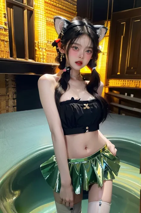 masterpiece、Highest quality、In heaven, Daytime、(Details of both eyes)、(cute thai woman、Navel piercing、 shill:1.3)、23 years old、1 girl、Elegant、Black hair、Van Gogh style、(Aura image:1.4)、(Cat ears、Mini skirt、 Cosplay、Mini tube top、Sexy cat costume:1.4),See t...