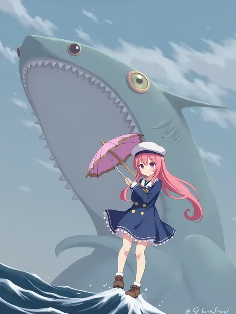 1girl, solo, long hair, blush, smile, purple eyes, pink hair, girl in a blue sailor dress and hat holding an umbrella standing on ocean wave with giant shark castle (hair swept bangs:1.3), anime style, from girls frontline, fine details. girls frontline, g...